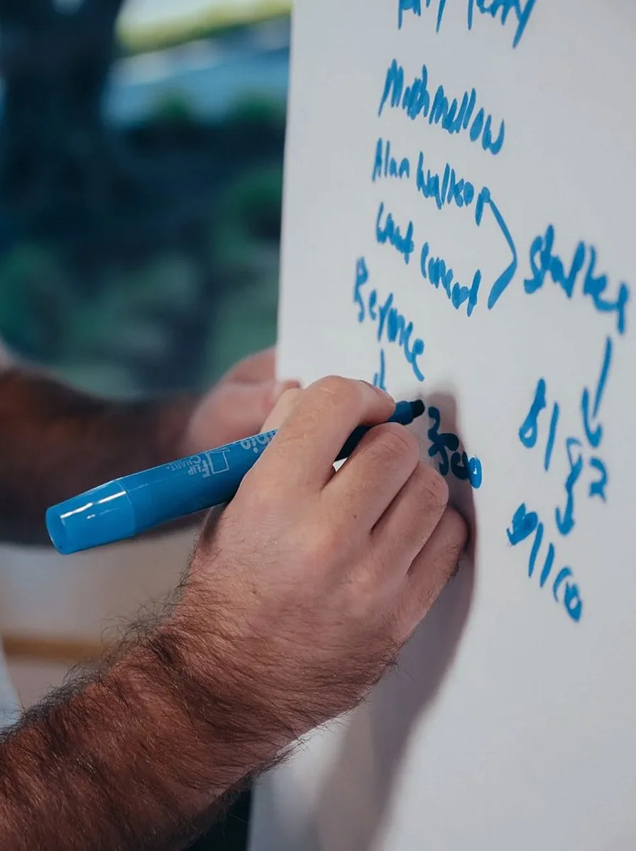 Hand writing planning notes on a whiteboard
